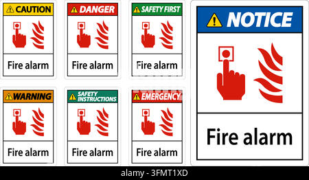 Set vettoriale di segnali di sicurezza per allarmi antincendio con design di attenzione, pericolo, sicurezza prima, avvertimento, istruzioni, emergenza e avviso con simboli di mano e fiamma Illustrazione Vettoriale