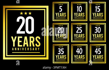 Set di badge vettoriali per anniversario con eleganti cornici quadrate in oro e nero con numeri da 5 a 45 anni, stelle e testo di celebrazione. Illustrazione Vettoriale