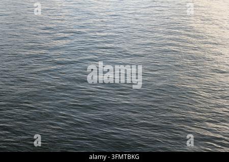 Vista astratta ad alta angolazione di una superficie marina calma blu e grigia con leggere increspature e riflessi di luce soffusa Foto Stock