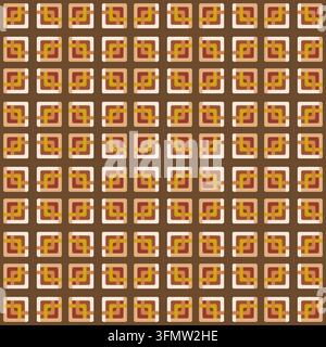 Modello geometrico senza cuciture con piccoli motivi quadrati arrotondati e linee interlock terracotta e senape su uno sfondo marrone caldo. Foto Stock