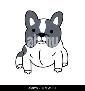 Illustrazione vettoriale isolata di cartone animato di un cane bulldog francese carino. Concetto di arte lineare di un personaggio di animale domestico cucciolo bianco-grigio felice. Adesivo pop estetico kawaii Illustrazione Vettoriale