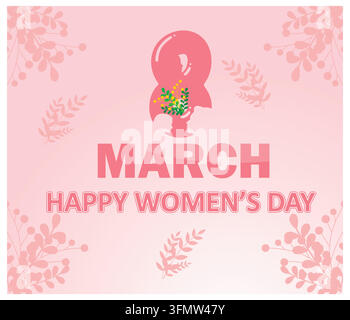 Festeggia la Giornata della Donna a marzo con questo bellissimo design floreale con caratteri rosa ed eleganti. Perfetto per biglietti di auguri, post sui social media e Illustrazione Vettoriale
