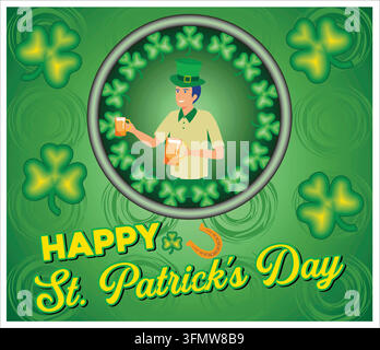 Allegro di un leprechaun che celebra il giorno di San Patrizio con quadrifogli, un cappello festivo e bevande. Un tema verde brillante con simboli tradizionali crea Illustrazione Vettoriale