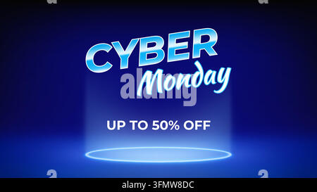 Banner neon dell'offerta Cyber Monday. Poster di vendita, promozione. Palcoscenico futuristico luminoso, colore neon. Illuminazione circolare nel pavimento. Testo levitante Cyber Monday Illustrazione Vettoriale