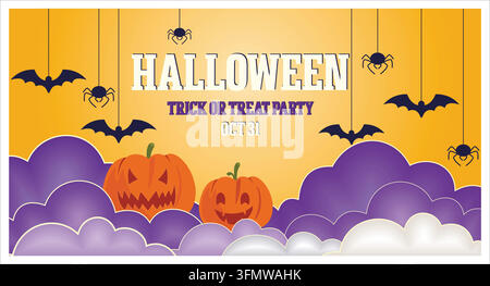 Invito di Halloween con zucche, pipistrelli e ragni che crea un'atmosfera festosa per le feste. Perfetto per la pubblicità di una divertente e spaventosa azione di dolcetto o scherzetto Illustrazione Vettoriale