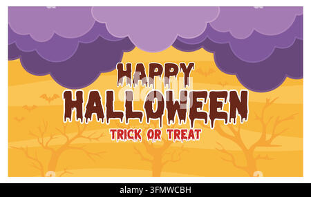 Un biglietto festivo di Halloween con un design luminoso e spaventoso con i testi "Happy Halloween" e "Trick or Treat". Perfetto per decorazioni stagionali e temi Illustrazione Vettoriale
