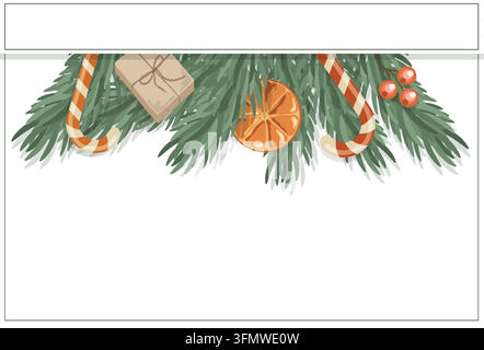 Banner di sfondo per menu di Natale con bordo a ramo di pino, layout vettoriale. Modello di cornice accogliente per le feste invernali eco con spazio vuoto per il testo Illustrazione Vettoriale