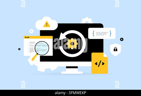 Audit di sicurezza del codice per la ricerca di vulnerabilità, rischi software e problemi di qualità del codice. Ingegneria inversa, revisione della sicurezza, rilevamento delle vulnerabilità e sviluppo sicuro, illustrazione vettoriale. Illustrazione Vettoriale