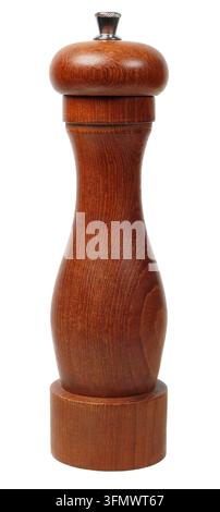 Macinapepe in legno isolata su sfondo bianco Foto Stock