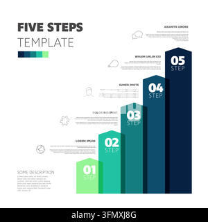 Questo modello di infografica presenta cinque passaggi visualizzati come un grafico a barre. Utilizza questo modello professionale di infografica per visualizzare i tuoi cinque passaggi di lavoro Illustrazione Vettoriale