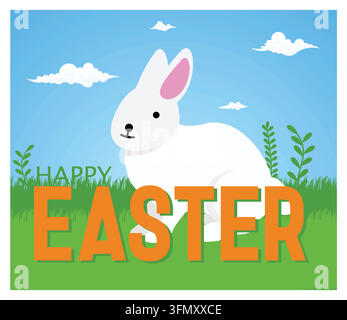 Storia di Pasqua con un simpatico coniglio cartone animato in un prato primaverile soleggiato, accompagnato da un testo luminoso che dice Buona Pasqua su uno sfondo di cielo luminoso. Illustrazione Vettoriale