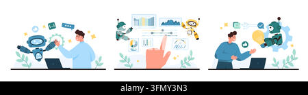 Tre scene di tecnologia aziendale mostrano supporto chatbot, controllo della dashboard analitica e generazione di idee con robot, laptop, grafici, icone di automazione isolate su sfondo bianco, illustrazione vettoriale Illustrazione Vettoriale