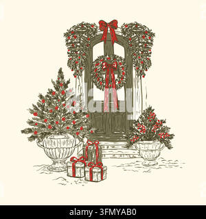 Invito schizzo in toeletta albero del portico di Natale - Vettore festivo Illustrazione Vettoriale