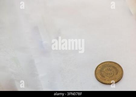 Un'inquadratura orizzontale a basso angolo mette in mostra un gettone da gioco in ottone consumato dell'arcade storica Race-O-Rama appoggiato su una superficie bianca semplice. Foto Stock