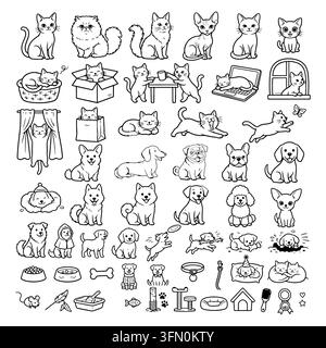 Disegni a mano di animali domestici, illustrazioni di gatti e cani in bianco e nero, illustrazioni per la cura degli animali domestici Illustrazione Vettoriale