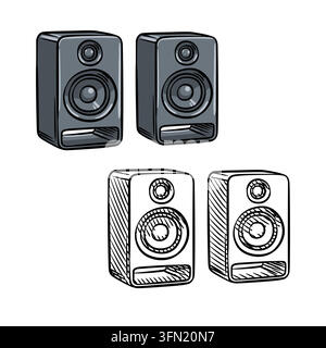 Illustrazione vettoriale in prospettiva disegnata a mano di altoparlanti da tavolo per monitor da studio in uno stile schizzato dettagliato. Ideale per blog di produzione musicale, equi audio Illustrazione Vettoriale