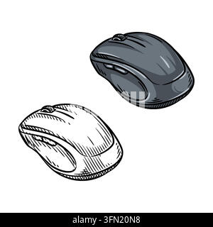Illustrazione vettoriale in prospettiva disegnata a mano di un mouse per computer senza fili in uno stile di schizzo dettagliato con linee. Questa grafica tecnica monocromatica è un'idea Illustrazione Vettoriale