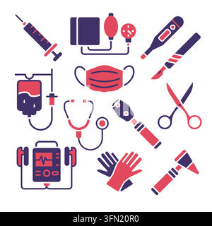 Una serie completa di icone moderne bicolore rosse e blu navy per attrezzature mediche, con strumenti per medici, strumenti di emergenza ed elementi sanitari Illustrazione Vettoriale