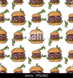 Un modello senza cuciture ripetitivo di deliziosi hamburger gourmet con cipolle rosse che presentano elementi vettoriali in stile pixel art retrò. Perfetto per i ristoranti di fast food Illustrazione Vettoriale