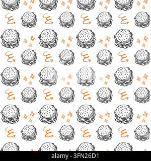 Un modello senza cuciture ripetitivo di schizzi di hamburger in vista dall'alto abbinati a elementi di doodle arancioni minimalisti. Perfetto per imballaggi di caffè artigianali, gourmet Illustrazione Vettoriale