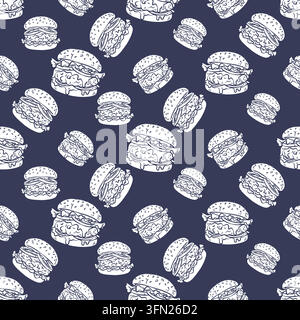 Motivo senza fine di variazioni di hamburger disegnate a mano con contorni bianchi su uno sfondo blu scuro. Ottimo per i menu di fast food di night club, m Illustrazione Vettoriale