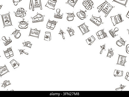 Illustrazione a inchiostro disegnata a mano con icone di caffetterie sparse disposte in un layout a cornice ad arco pulito. Perfetto per sfondi di menu di caffetterie, promotiona Illustrazione Vettoriale