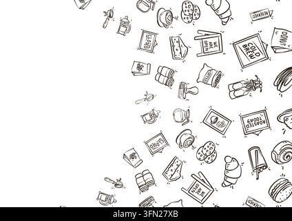 Illustrazione di doodle disegnata a mano con elementi sparsi di caffè e pasticceria disposti lungo un layout di bordo angolare. Ideale per volantini di caffè, promotiona Illustrazione Vettoriale