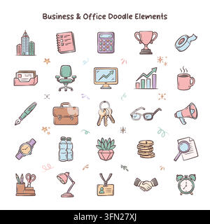 Illustrazione colorata disegnata a mano con una raccolta di elementi aziendali e d'ufficio in uno stile pastello giocoso. Ideale per la presentazione di una startup Illustrazione Vettoriale