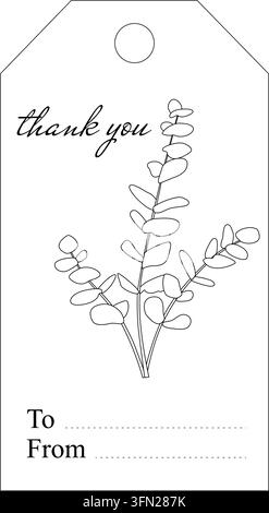 Etichetta regalo minimalista di ringraziamento con illustrazione botanica di foglie arrotondate. Include campi Da e Per, perfetta per biglietti di ringraziamento, regali, feste Illustrazione Vettoriale