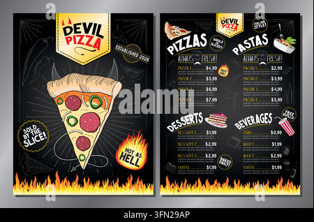 Modello di menù per ristorante Classic Retro Spicy Devil Pizza - 8,5x11 pollici US Letter pagina singola - illustrazione vettoriale Illustrazione Vettoriale