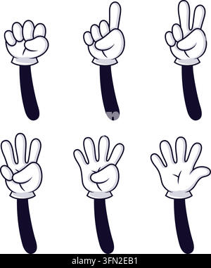 Set vettoriale di mani cartoon con sei mani cartoon guantate di bianco che mostrano gesti di conta da zero a cinque dita su sfondo bianco. Illustrazione Vettoriale