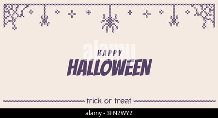 Banner di biglietto di auguri per Halloween con ricamo a punto croce, motivo "trick or treat". Sfondo di arte popolare a punto croce vintage pixelato con lavoro a maglia fatto a mano spettrale Han Illustrazione Vettoriale