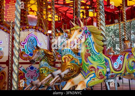 Primo piano che mette in risalto i dettagli artistici intricati, i colori vivaci e i nomi dipinti su misura sui cavalli di carosello in legno attaccati a una barra a spirale Foto Stock