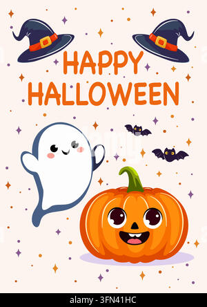 Biglietto carino di Halloween con fantasma e zucca Jack O' Lanterna Illustrazione Vettoriale