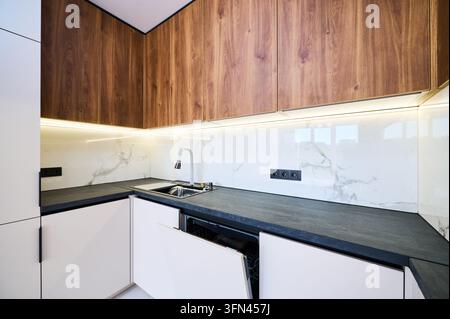 Piano di lavoro moderno per cucina con lavello e lavastoviglie integrata sotto gli armadi in legno. Interno luminoso con rivestimento in marmo, illuminazione a LED e concetto di design minimalista elegante Foto Stock