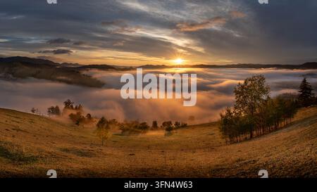 Vista dell'alba su una valle nebbiosa nei Carpazi con luce dorata che illumina le colline ondulate e gli alberi autunnali a Moldovita, Su Foto Stock