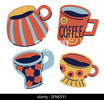Set di tazze accoglienti per bevande calde con caffè, tè, cacao. Confezione di graziose tazze in ceramica illustrazione vettoriale Illustrazione Vettoriale