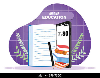 Quaderno aperto, uno smartphone che mostra libri e l'ora, rappresentante l'istruzione online e gli approcci di apprendimento moderni. Illustrazione moderna vettoriale piatta Illustrazione Vettoriale