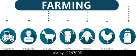 Set vettoriale agricola con icone circolari blu e silhouette bianche per i concetti di trattore, agricoltore, animale, mucca, pecora, pollo e latte. Illustrazione Vettoriale