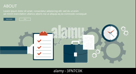 Illustrazione vettoriale di banner Web per la pagina Chi siamo con concetti aziendali, inclusi clipboard con elenco di controllo, valigetta, orologio, documento e ingranaggi sullo sfondo. Illustrazione Vettoriale