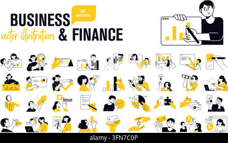 Set di illustrazioni vettoriali su business e finanza con 36 icone piatte gialle e nere con grafici, dati, denaro, crescita e concetti aziendali. Illustrazione Vettoriale