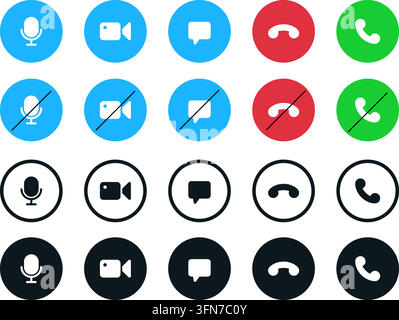 Set di icone vettoriali per l'interfaccia di videoconferenza e chiamata con pulsanti per microfono, fotocamera, chat e telefono in stili circolari colorati e scuri. Illustrazione Vettoriale