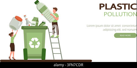 Banner infografico vettoriale sulla contaminazione plastica con persone che riciclano barattoli di vetro e grandi bottiglie di plastica in un bidone verde su sfondo bianco. Illustrazione Vettoriale