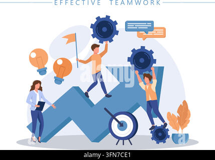 Infografica vettoriale di lavoro di squadra efficace con persone d'affari che portano ingranaggi e bandiere su una freccia di crescita finanziaria ascendente con bersaglio e lampadina Illustrazione Vettoriale