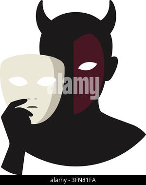 Illustrazione piatta di un busto di demone con corna scure, con un volto rosso scuro diviso e una maschera teatrale bianca tenuta davanti Illustrazione Vettoriale