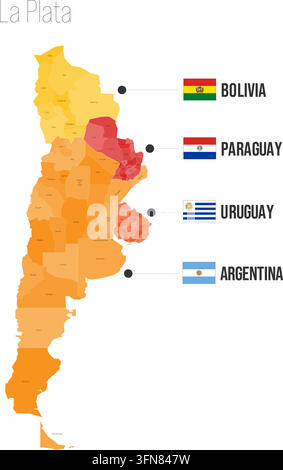 Mappa politica regionale di La Plata. Divisioni amministrative della Bolivia, Paraguay, Uruguay, Argentina Mappa vettoriale isolata su sfondo bianco con bandiere ed etichette con i nomi dei paesi. Illustrazione Vettoriale