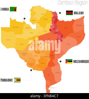 Mappa politica regionale della regione dello Zambesi. Divisioni amministrative della Zambia, Malawi, Mozambico, Zimbabwe Mappa vettoriale isolata su sfondo bianco con bandiere ed etichette dei nomi dei paesi. Illustrazione Vettoriale