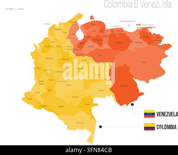Mappa politica regionale della Colombia e del Venezuela. Divisioni amministrative della Colombia, mappa vettoriale del Venezuela isolata su sfondo bianco con bandiere ed etichette dei nomi dei paesi. Illustrazione Vettoriale