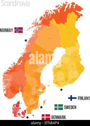 Mappa politica regionale della Scandinavia. Divisioni amministrative di Norvegia, Svezia, Finlandia, Danimarca Mappa vettoriale isolata su sfondo bianco con bandiere ed etichette dei nomi dei paesi. Illustrazione Vettoriale