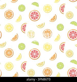 Modello senza cuciture di fette di agrumi colorati tra cui arance, limoni, lime e pompelmo. Design fresco e vibrante perfetto per imballaggi, tessuti, wa Foto Stock